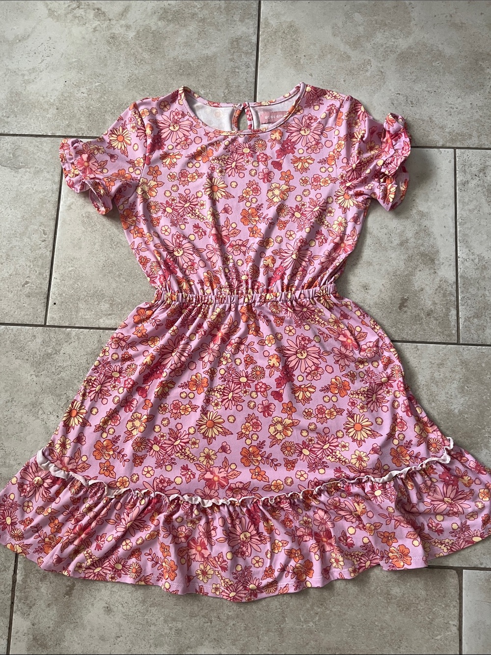 BCBGirls Pink Floral Ruffle Waist Dress with Orange & Yellow Blooms